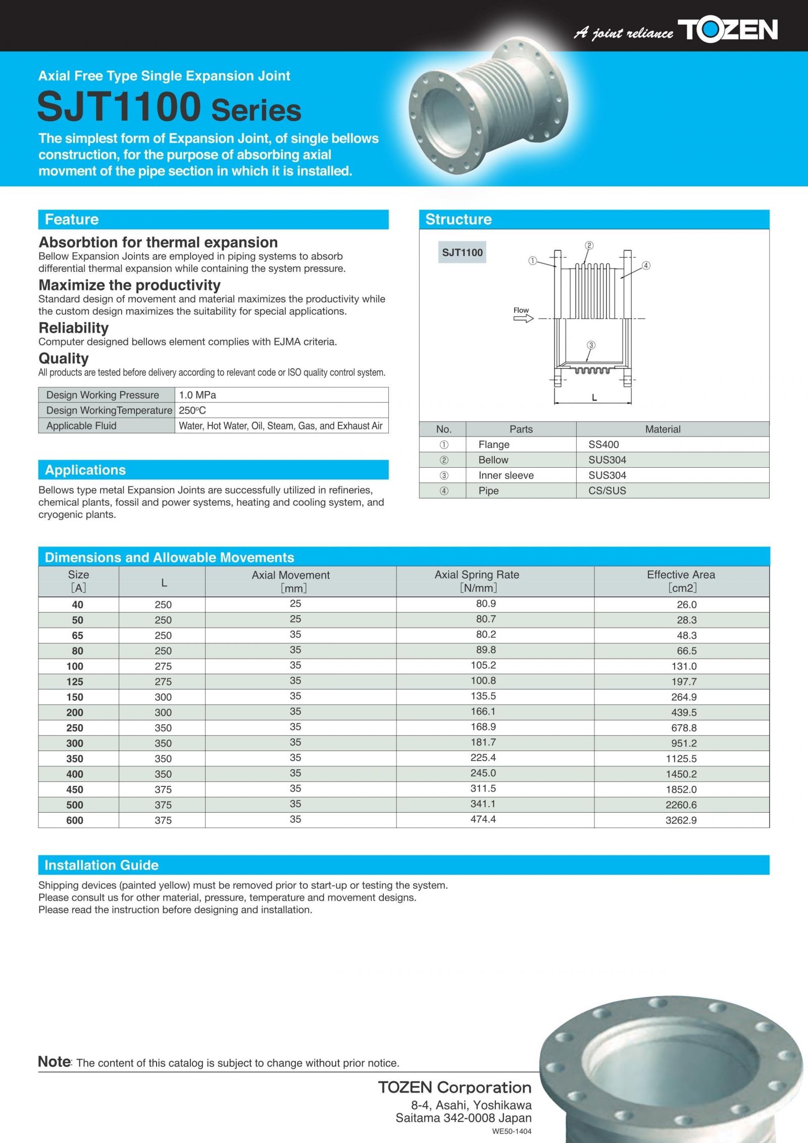 Tozen SJT1100 Series Stainless Steel Expansion Joint